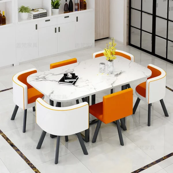 會議桌 -白理紋+橙白皮6椅