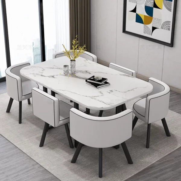 會議桌 -白理紋+白皮黑邊6椅