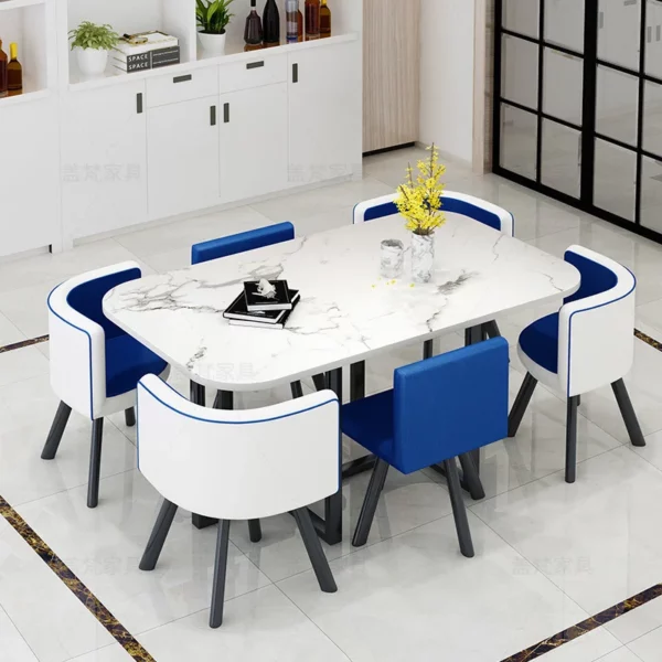 會議桌 -白理紋+藍白皮6椅