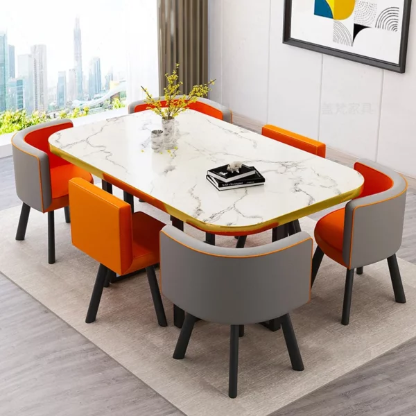 會議桌 -白理紋金邊+灰橙皮6椅