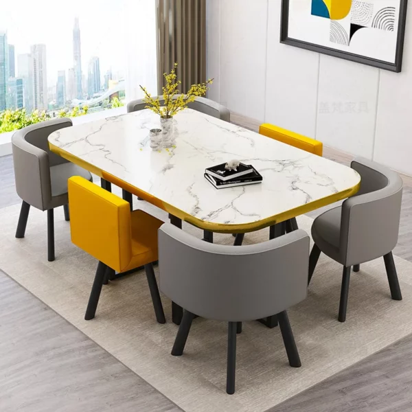 會議桌 -白理紋金邊+灰黃皮6椅