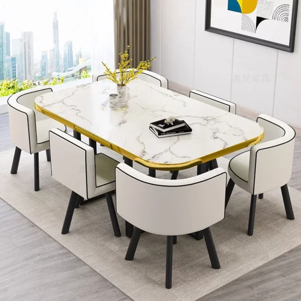 會議桌 -白理紋金邊+白皮6椅