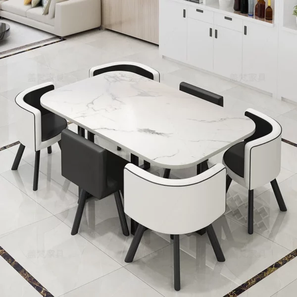 會議桌 -白理紋+黑白皮6椅