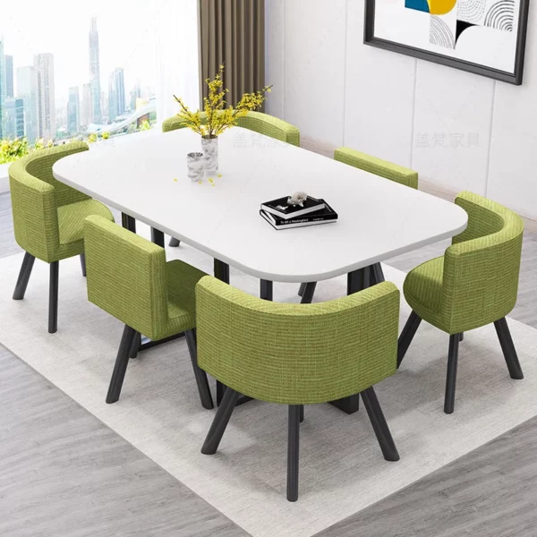 會議桌 -白色桌面+綠色布6椅