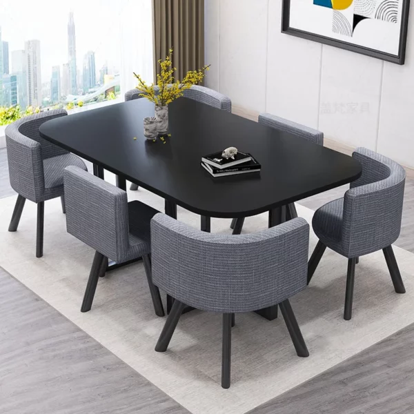會議桌 -黑色桌面+灰色布6椅