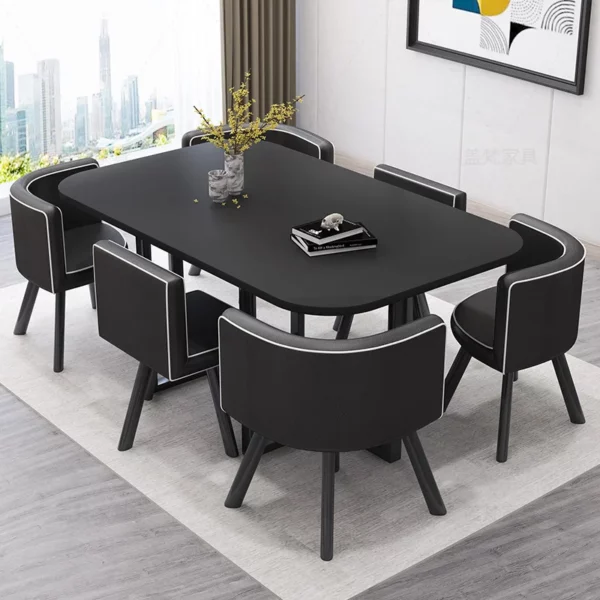 會議桌 -黑色桌面+黑色皮6椅